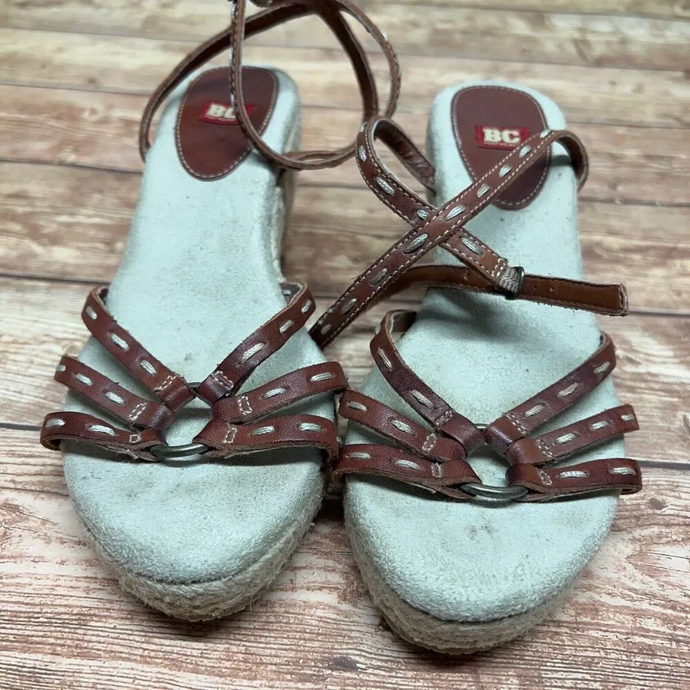 BC‎ Footwear Brown Beige Ankle Strap Espadrille Leather Wedge Sandals Size 6